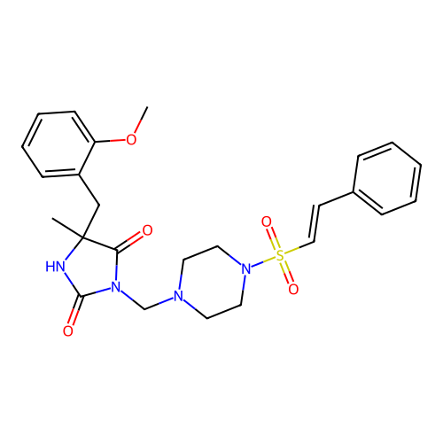 5-[(2-methoxyphenyl)methyl]-5-methyl-3-[[4-[(E)-2-phenylethenyl]sulfonylpiperazin-1-yl]methyl]imidazolidine-2,4-dione structure