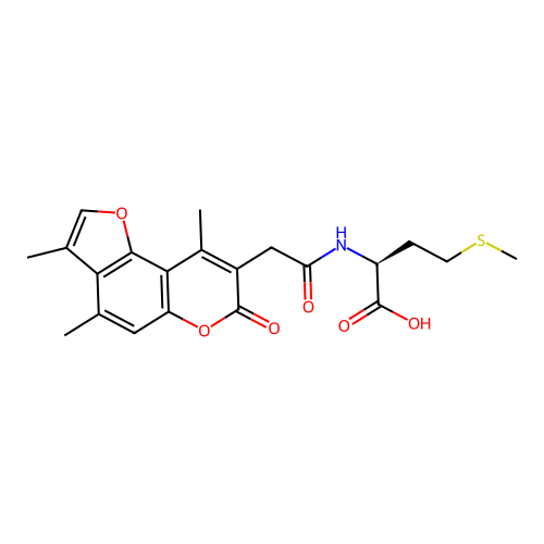 N-[(3,4,9-trimethyl-7-oxo-7H-furo[2,3-f]chromen-8-yl)acetyl]-L-methionine structure