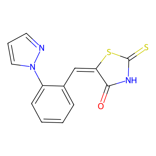 (5E)-5-[(2-pyrazol-1-ylphenyl)methylidene]-2-sulfanylidene-1,3-thiazolidin-4-one structure