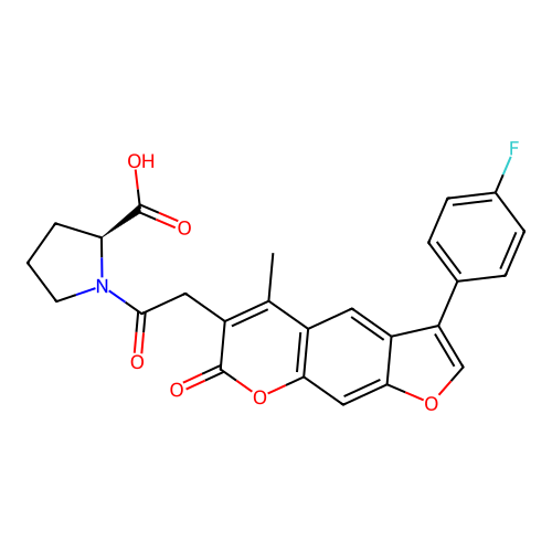 1-{[3-(4-fluorophenyl)-5-methyl-7-oxo-7H-furo[3,2-g]chromen-6-yl]acetyl}-L-proline structure