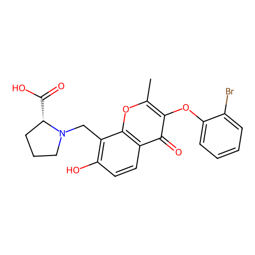 1-{[3-(2-bromophenoxy)-7-hydroxy-2-methyl-4-oxo-4H-chromen-8-yl]methyl}-D-proline structure