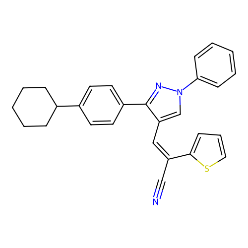 3-[3-(4-Cyclohexylphenyl)-1-phenylpyrazol-4-yl]-2-thiophen-2-ylprop-2-enenitrile structure