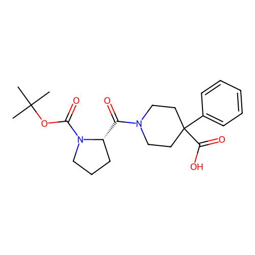1-[1-(tert-butoxycarbonyl)-L-prolyl]-4-phenylpiperidine-4-carboxylic acid structure