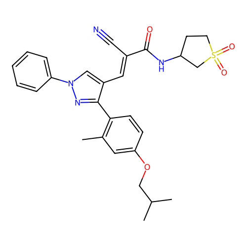 (2E)-2-cyano-N-(1,1-dioxidotetrahydrothiophen-3-yl)-3-{3-[2-methyl-4-(2-methylpropoxy)phenyl]-1-phenyl-1H-pyrazol-4-yl}prop-2-enamide structure