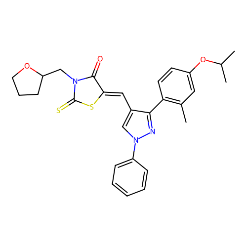 (5Z)-5-({3-[2-methyl-4-(propan-2-yloxy)phenyl]-1-phenyl-1H-pyrazol-4-yl}methylidene)-3-(tetrahydrofuran-2-ylmethyl)-2-thioxo-1,3-thiazolidin-4-one structure