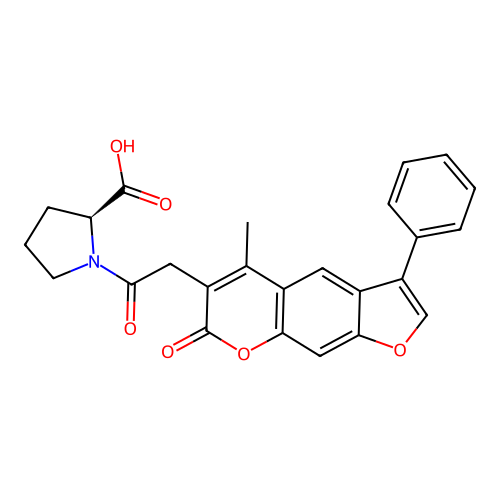 1-[(5-methyl-7-oxo-3-phenyl-7H-furo[3,2-g]chromen-6-yl)acetyl]-L-proline structure
