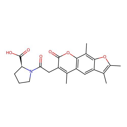 1-[(2,3,5,9-tetramethyl-7-oxo-7H-furo[3,2-g]chromen-6-yl)acetyl]-L-proline structure