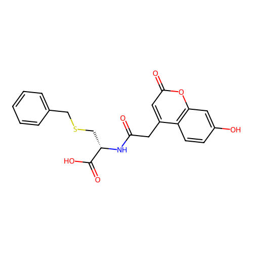 (R)-3-(benzylthio)-2-(2-(7-hydroxy-2-oxo-2H-chromen-4-yl)acetamido)propanoic acid structure