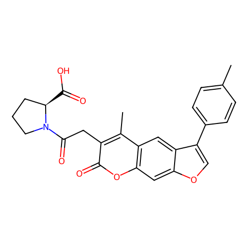 1-{[5-methyl-3-(4-methylphenyl)-7-oxo-7H-furo[3,2-g]chromen-6-yl]acetyl}-L-proline structure