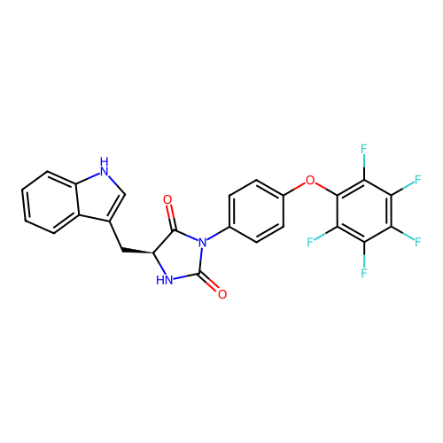 (5S)-5-(1H-indol-3-ylmethyl)-3-[4-(pentafluorophenoxy)phenyl]imidazolidine-2,4-dione structure