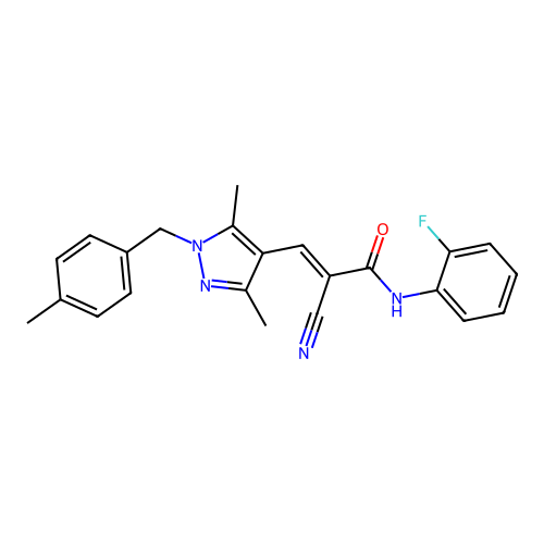 (E)-2-cyano-3-[3,5-dimethyl-1-[(4-methylphenyl)methyl]pyrazol-4-yl]-N-(2-fluorophenyl)prop-2-enamide structure