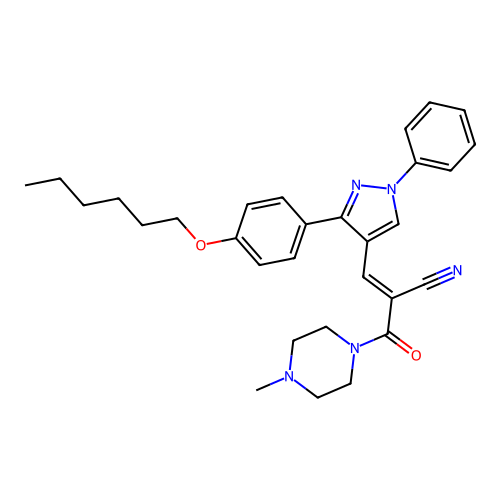 (2E)-3-{3-[4-(hexyloxy)phenyl]-1-phenyl-1H-pyrazol-4-yl}-2-[(4-methylpiperazin-1-yl)carbonyl]prop-2-enenitrile structure