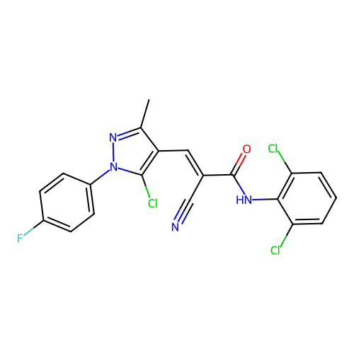 (E)-3-[5-chloro-1-(4-fluorophenyl)-3-methylpyrazol-4-yl]-2-cyano-N-(2,6-dichlorophenyl)prop-2-enamide structure
