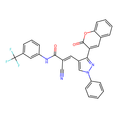 (E)-2-cyano-3-[3-(2-oxochromen-3-yl)-1-phenylpyrazol-4-yl]-N-[3-(trifluoromethyl)phenyl]prop-2-enamide structure
