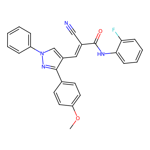 2-cyano-N-(2-fluorophenyl)-3-[3-(4-methoxyphenyl)-1-phenyl-pyrazol-4-yl]prop-2-enamide structure