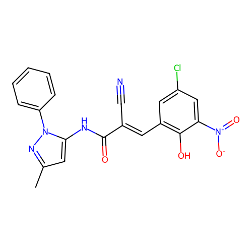 (E)-3-(5-chloro-2-hydroxy-3-nitrophenyl)-2-cyano-N-(5-methyl-2-phenylpyrazol-3-yl)prop-2-enamide structure