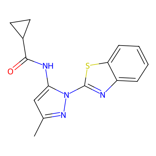 N-(1-(benzo[d]thiazol-2-yl)-3-methyl-1H-pyrazol-5-yl)cyclopropanecarboxamide structure