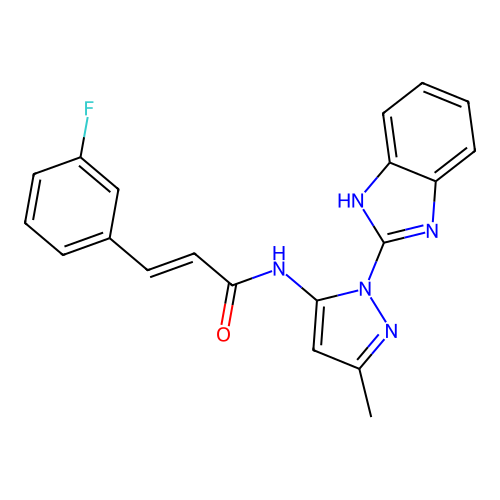 (E)-N-[2-(1H-benzimidazol-2-yl)-5-methylpyrazol-3-yl]-3-(3-fluorophenyl)prop-2-enamide structure