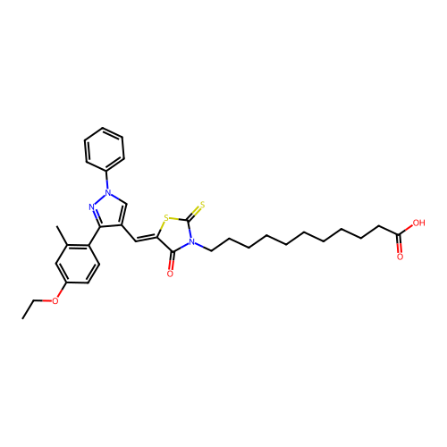 (Z)-11-(5-((3-(4-ethoxy-2-methylphenyl)-1-phenyl-1H-pyrazol-4-yl)methylene)-4-oxo-2-thioxothiazolidin-3-yl)undecanoic acid structure