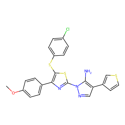 1-[5-[(4-chlorophenyl)sulfanyl]-4-(4-methoxyphenyl)-1,3-thiazol-2-yl]-4-(3-thienyl)-1H-pyrazol-5-amine structure