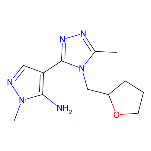 1-methyl-4-[5-methyl-4-(tetrahydro-2-furanylmethyl)-4H-1,2,4-triazol-3-yl]-1H-pyrazol-5-amine structure