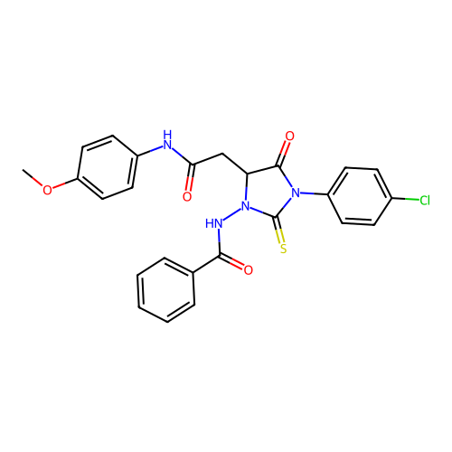 N-[3-(4-chlorophenyl)-5-{2-[(4-methoxyphenyl)amino]-2-oxoethyl}-4-oxo-2-thioxoimidazolidin-1-yl]benzamide structure