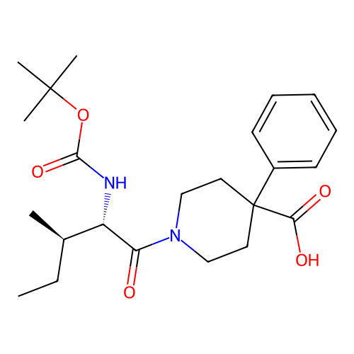 1-[N-(tert-butoxycarbonyl)-L-isoleucyl]-4-phenylpiperidine-4-carboxylic acid structure