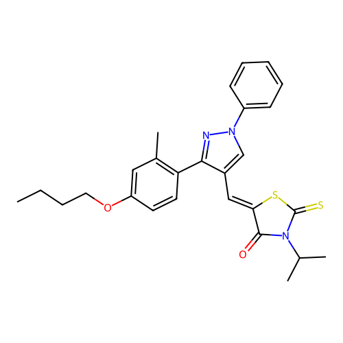(5Z)-5-{[3-(4-butoxy-2-methylphenyl)-1-phenyl-1H-pyrazol-4-yl]methylidene}-3-(propan-2-yl)-2-thioxo-1,3-thiazolidin-4-one structure