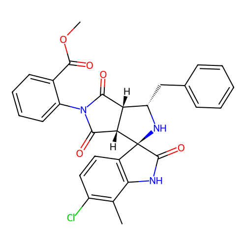 methyl 2-((1'R,3'S,3a'S,6a'R)-3'-benzyl-6-chloro-7-methyl-2,4',6'-trioxo-3a',4',6',6a'-tetrahydro-2'H-spiro[indoline-3,1'-pyrrolo[3,4-c]pyrrol]-5'(3'H)-yl)benzoate structure