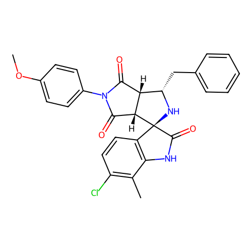 (1'R,3'S,3a'S,6a'R)-3'-benzyl-6-chloro-5'-(4-methoxyphenyl)-7-methyl-3',3a'-dihydro-2'H-spiro[indoline-3,1'-pyrrolo[3,4-c]pyrrole]-2,4',6'(5'H,6a'H)-trione structure