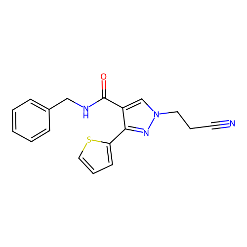 N-benzyl-1-(2-cyanoethyl)-3-thiophen-2-ylpyrazole-4-carboxamide structure