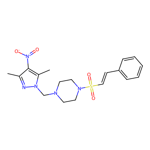 1-[(3,5-dimethyl-4-nitro-1H-pyrazol-1-yl)methyl]-4-(2-phenylethenesulfonyl)piperazine structure