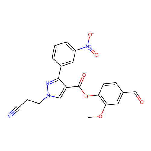 (4-formyl-2-methoxyphenyl) 1-(2-cyanoethyl)-3-(3-nitrophenyl)pyrazole-4-carboxylate structure