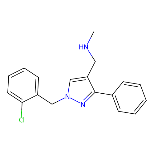 ({1-[(2-chlorophenyl)methyl]-3-phenyl-1H-pyrazol-4-yl}methyl)(methyl)amine structure