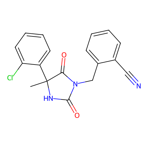 2-((4-(2-Chlorophenyl)-4-methyl-2,5-dioxoimidazolidin-1-yl)methyl)benzonitrile structure