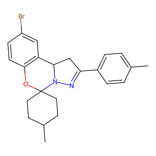 2-bromo-14-methyl-9-(4-methylphenyl)spiro[10aH-benzo[e]2-pyrazolino[1,5-c]1,3-oxazine-6,4'-cyclohexane] structure