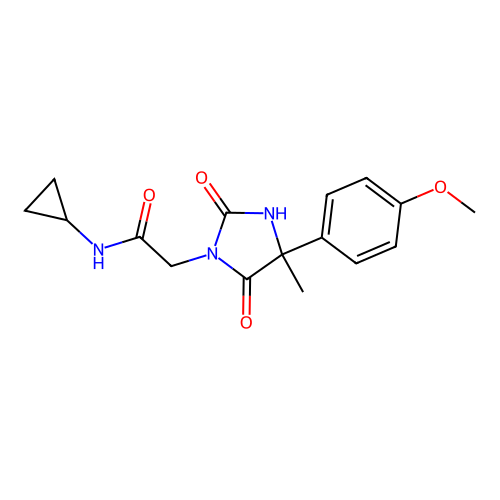 N-cyclopropyl-2-[4-(4-methoxyphenyl)-4-methyl-2,5-dioxoimidazolidin-1-yl]acetamide structure