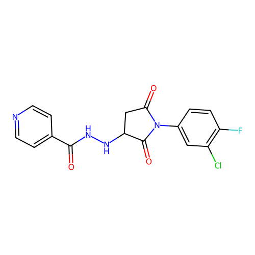 N'-[1-(3-chloro-4-fluorophenyl)-2,5-dioxopyrrolidin-3-yl]pyridine-4-carbohydrazide structure