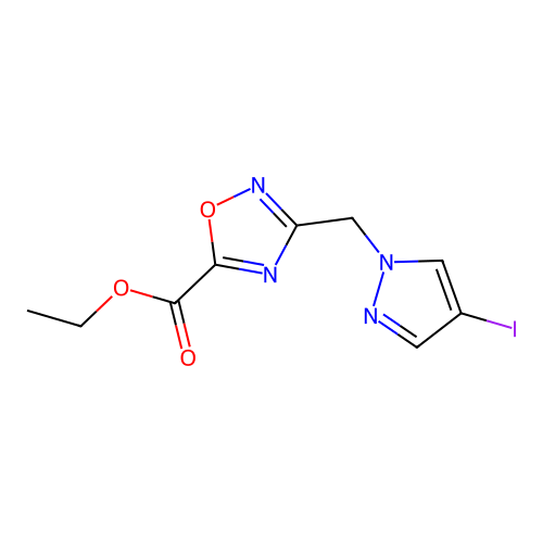 Ethyl 3-((4-iodo-1H-pyrazol-1-yl)methyl)-1,2,4-oxadiazole-5-carboxylate structure