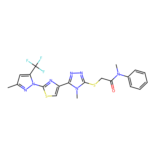 N-methyl-2-[(4-methyl-5-{2-[3-methyl-5-(trifluoromethyl)-1H-pyrazol-1-yl]-1,3-thiazol-4-yl}-4H-1,2,4-triazol-3-yl)sulfanyl]-N-phenylacetamide structure
