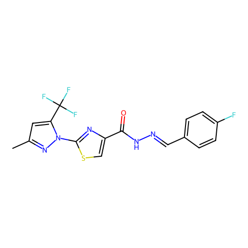 N'-[(E)-(4-fluorophenyl)methylidene]-2-[3-methyl-5-(trifluoromethyl)-1H-pyrazol-1-yl]-1,3-thiazole-4-carbohydrazide structure