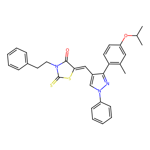 (5Z)-5-({3-[2-methyl-4-(propan-2-yloxy)phenyl]-1-phenyl-1H-pyrazol-4-yl}methylidene)-3-(2-phenylethyl)-2-thioxo-1,3-thiazolidin-4-one structure