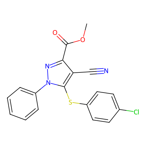 methyl 5-[(4-chlorophenyl)sulfanyl]-4-cyano-1-phenyl-1H-pyrazole-3-carboxylate structure