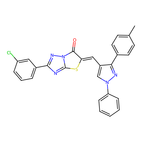 (5Z)-2-(3-chlorophenyl)-5-{[3-(4-methylphenyl)-1-phenyl-1H-pyrazol-4-yl]methylidene}[1,3]thiazolo[3,2-b][1,2,4]triazol-6(5H)-one structure