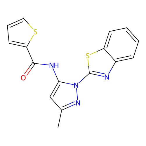 N-[2-(1,3-benzothiazol-2-yl)-5-methylpyrazol-3-yl]thiophene-2-carboxamide structure
