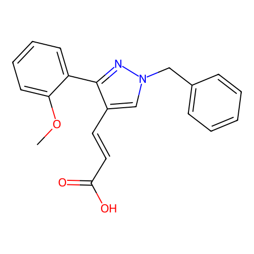 3-[1-Benzyl-3-(2-methoxyphenyl)pyrazol-4-yl]prop-2-enoic acid structure