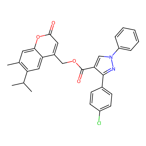 [7-Methyl-6-(1-methylethyl)-2-oxo-2H-1-benzopyran-4-yl]methyl 3-(4-chlorophenyl)-1-phenyl-1H-pyrazole-4-carboxylate structure