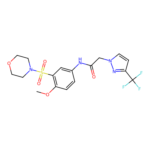 N-(4-methoxy-3-morpholin-4-ylsulfonylphenyl)-2-[3-(trifluoromethyl)pyrazol-1-yl]acetamide structure