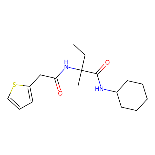 N-cyclohexyl-2-methyl-2-(2-(thiophen-2-yl)acetamido)butanamide structure