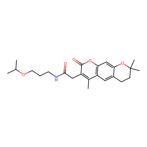 N-(3-isopropoxypropyl)-2-(4,8,8-trimethyl-2-oxo-2,6,7,8-tetrahydropyrano[3,2-g]chromen-3-yl)acetamide structure